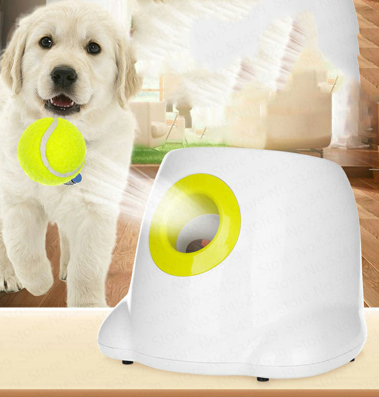 White plastic automatic ball launcher with a yellow rim next to a light-colored dog holding a tennis ball.