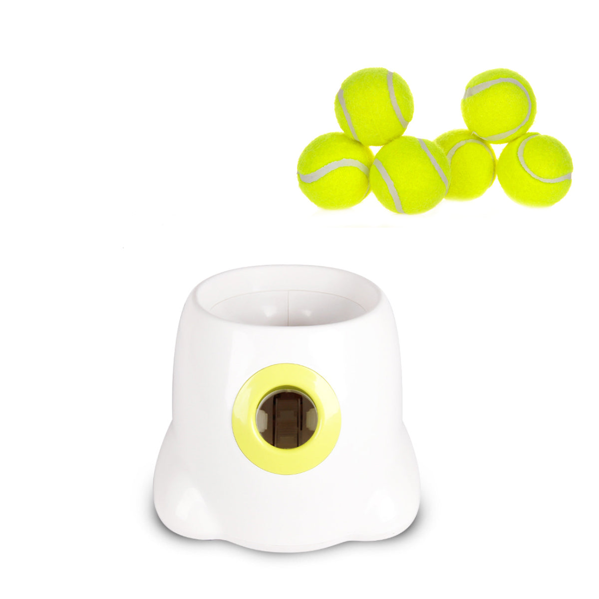 White plastic automatic ball launcher with six yellow tennis balls floating above it on a white background.