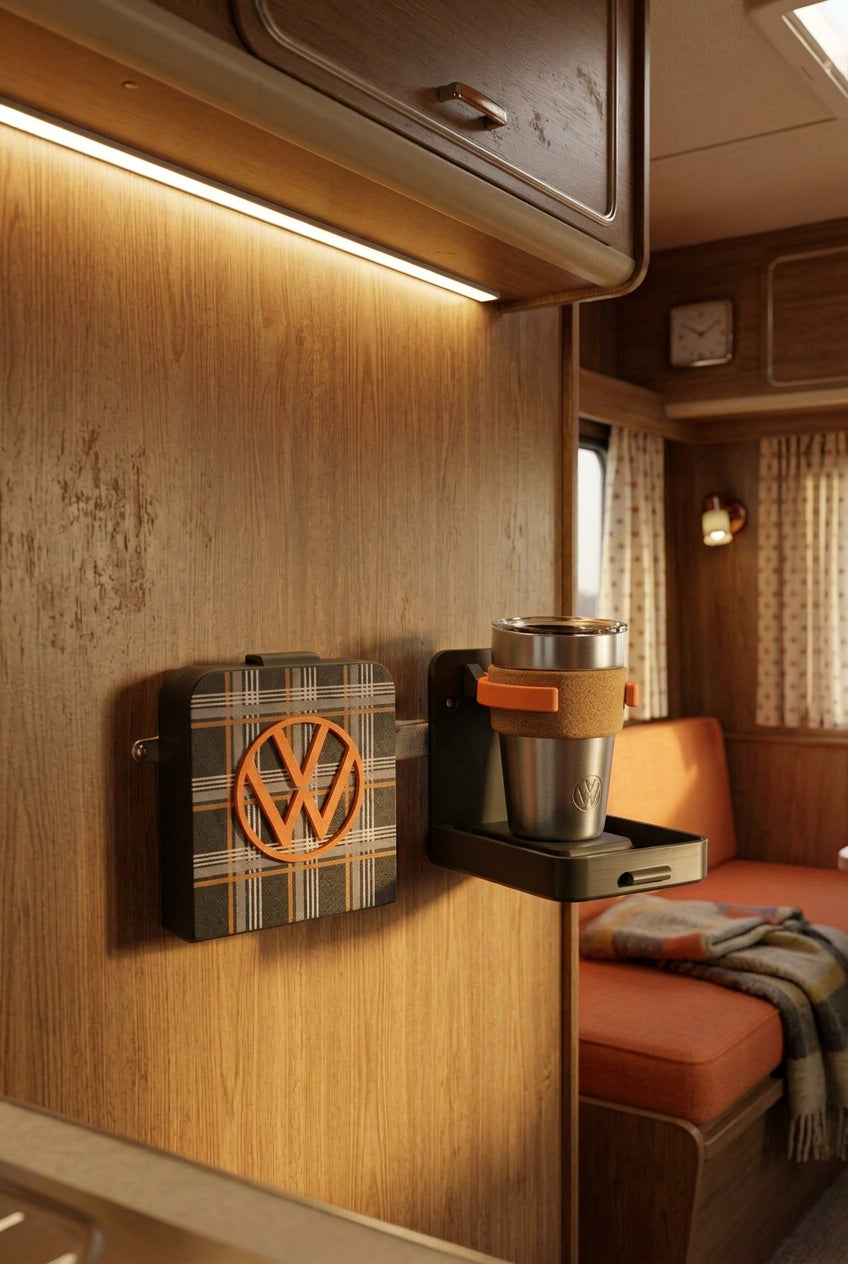 Folding cup holder with VW design on a dark surface