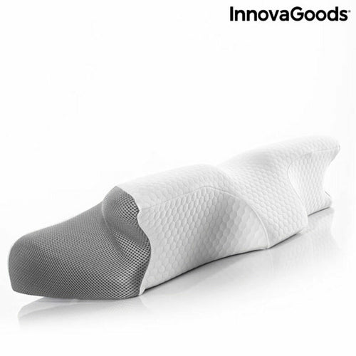 Contoured white and grey fabric neck pillow with a honeycomb texture and InnovaGoods logo.