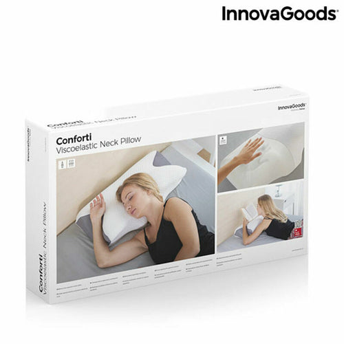 White rectangular box for a Conforti Viscoelastic Neck Pillow by InnovaGoods featuring photos of a woman using the pillow.