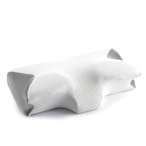 Contoured white fabric neck pillow with grey mesh corners and a honeycomb pattern on a white background.