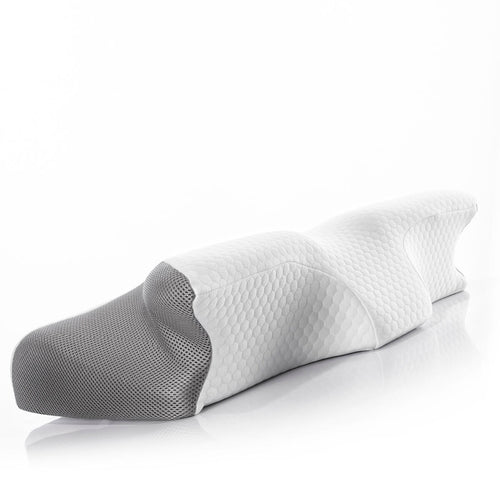 Contoured white and grey fabric neck pillow with a textured honeycomb pattern and mesh side panels.