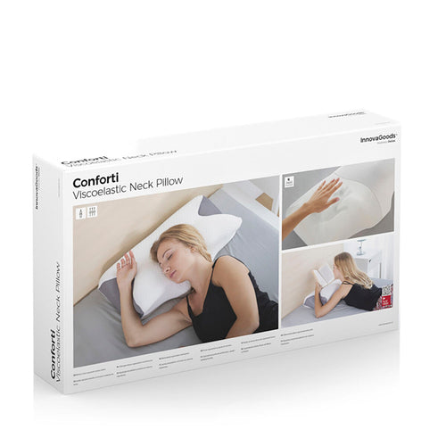 Rectangular white box for Conforti Viscoelastic Neck Pillow by InnovaGoods, featuring photos of a woman using the pillow.