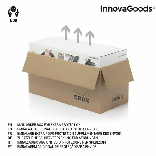 White InnovaGoods product box inside an open brown cardboard shipping box with fragile icons and upward arrows.